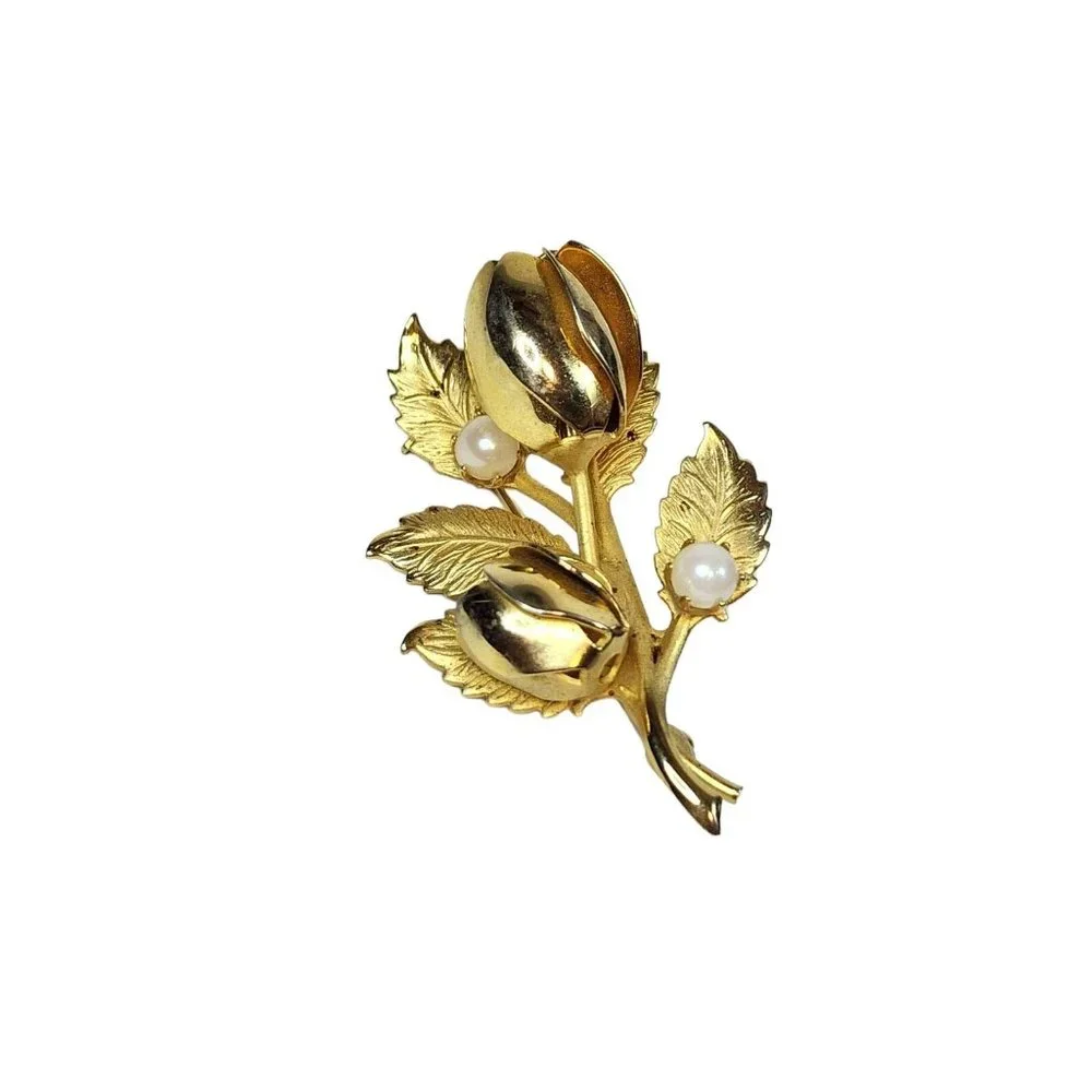 Vintage Gold Tone Roses Faux‎ Pearl Brooch Pin